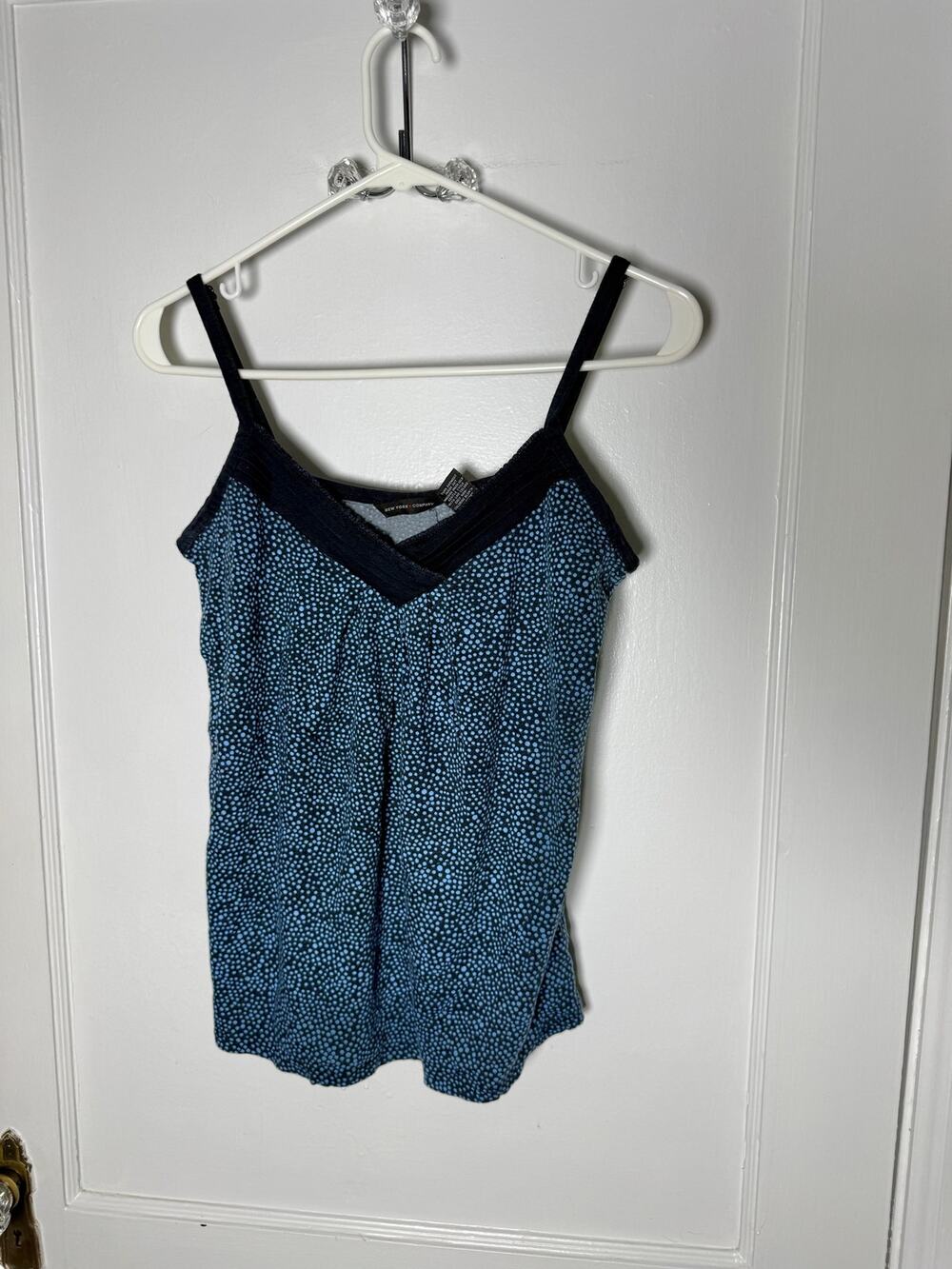 VTG New York & Company Cami S Blue Dot Print Lace Trim Y2K 90s Layering Tank Top